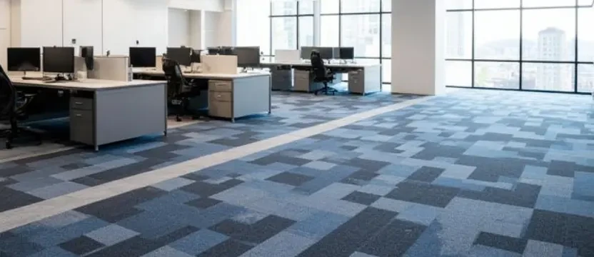 SKKS professional corporate carpet cleaning 1001 to 1500 sqft showing deeply cleaned carpet tiles in an open plan office with desks