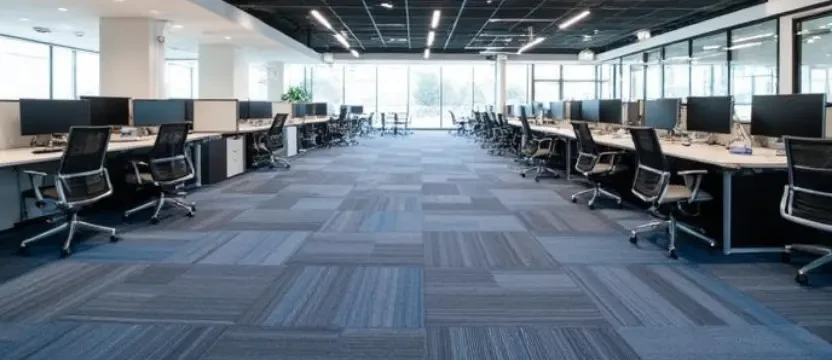 SKKS expert large office carpet cleaning 1501 to 2000 sqft showing a vast spotless blue carpet floor across a massive corporate workspace