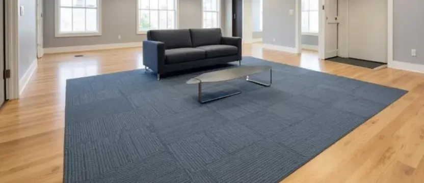 SKKS expert commercial carpet cleaning 501 to 700 sqft showing a clean blue geometric carpet in an office lounge area