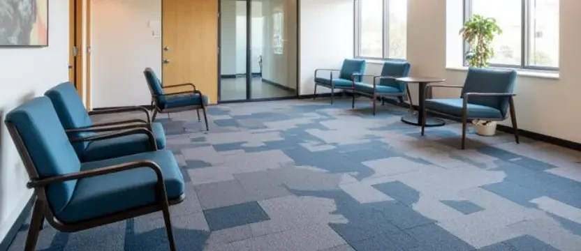 SKKS premium office carpet cleaning service 701 to 1000 sqft showing a sanitized blue patterned carpet in a corporate waiting room