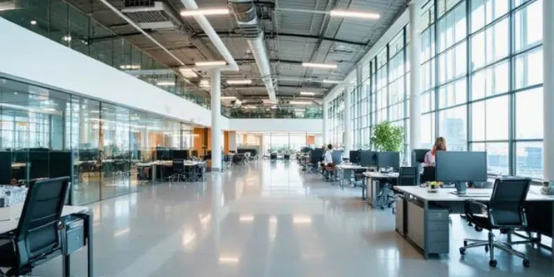 SKKS premium corporate office deep cleaning service showing a massive spotless commercial workspace and gleaming floors