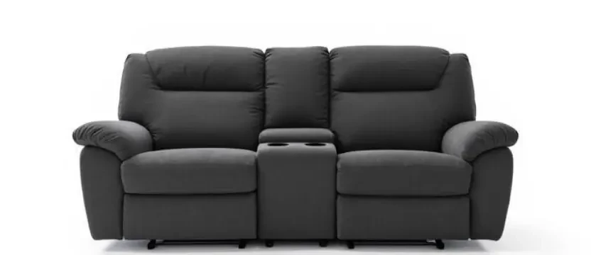 SKKS expert double seat recliner cleaning service showing a sanitized dark grey fabric two seater recliner with a center console