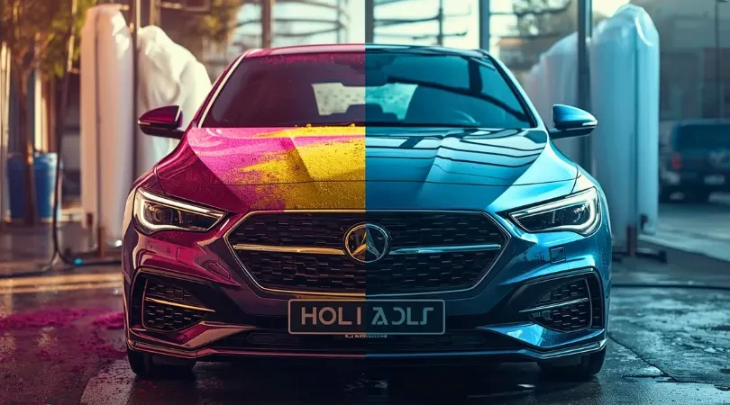 Professional car cleaning and Teflon coating after Holi color stains by SKKS Cleaning Services