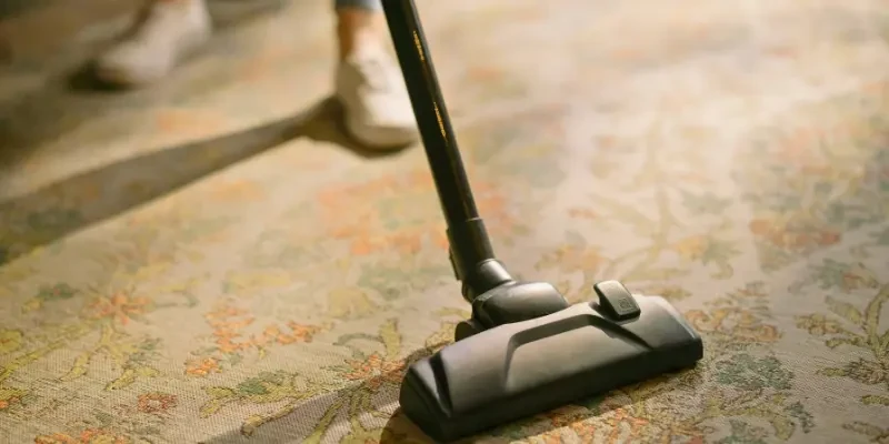 SKKS premium home carpet cleaning service showing a vacuum cleaner on a beautifully cleaned patterned living room rug