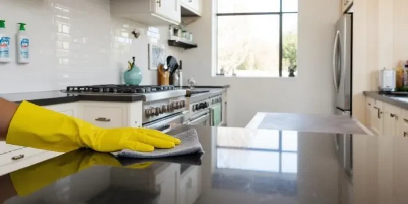 SKKS premium kitchen deep cleaning service showing an expert wiping a gleaming black quartz countertop