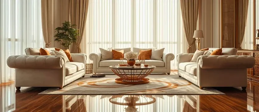 Spotlessly cleaned premium living room interior showing a hygienic, dust-free sofa and gleaming floors