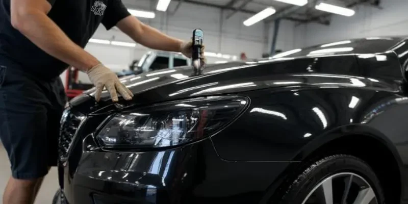 SKKS professional detailer applying authentic 9H nano ceramic coating to a luxury blue car for incredible gloss and scratch-resistant protection