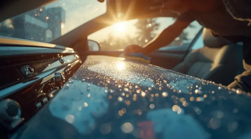 Professional car interior detailing and polishing service showcasing a clean dashboard and sanitized leather seats.