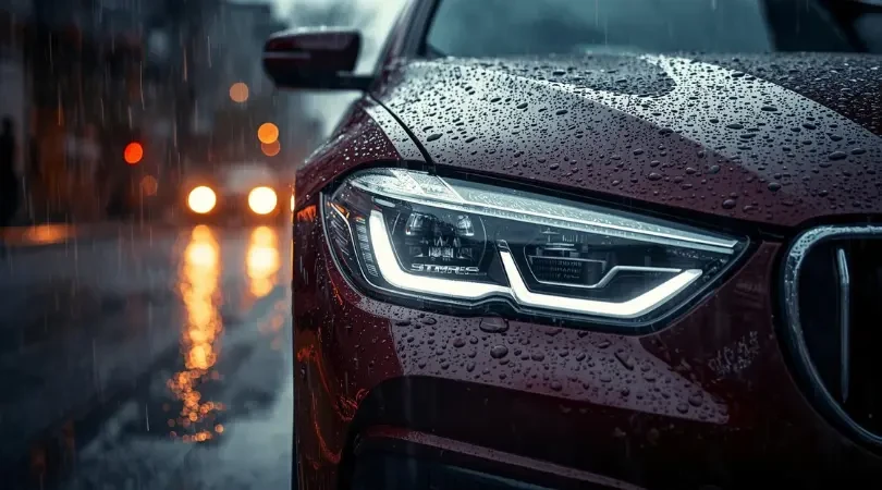 A well-maintained car in heavy rain with water beading on the waxed paint and bright headlights for visibility.