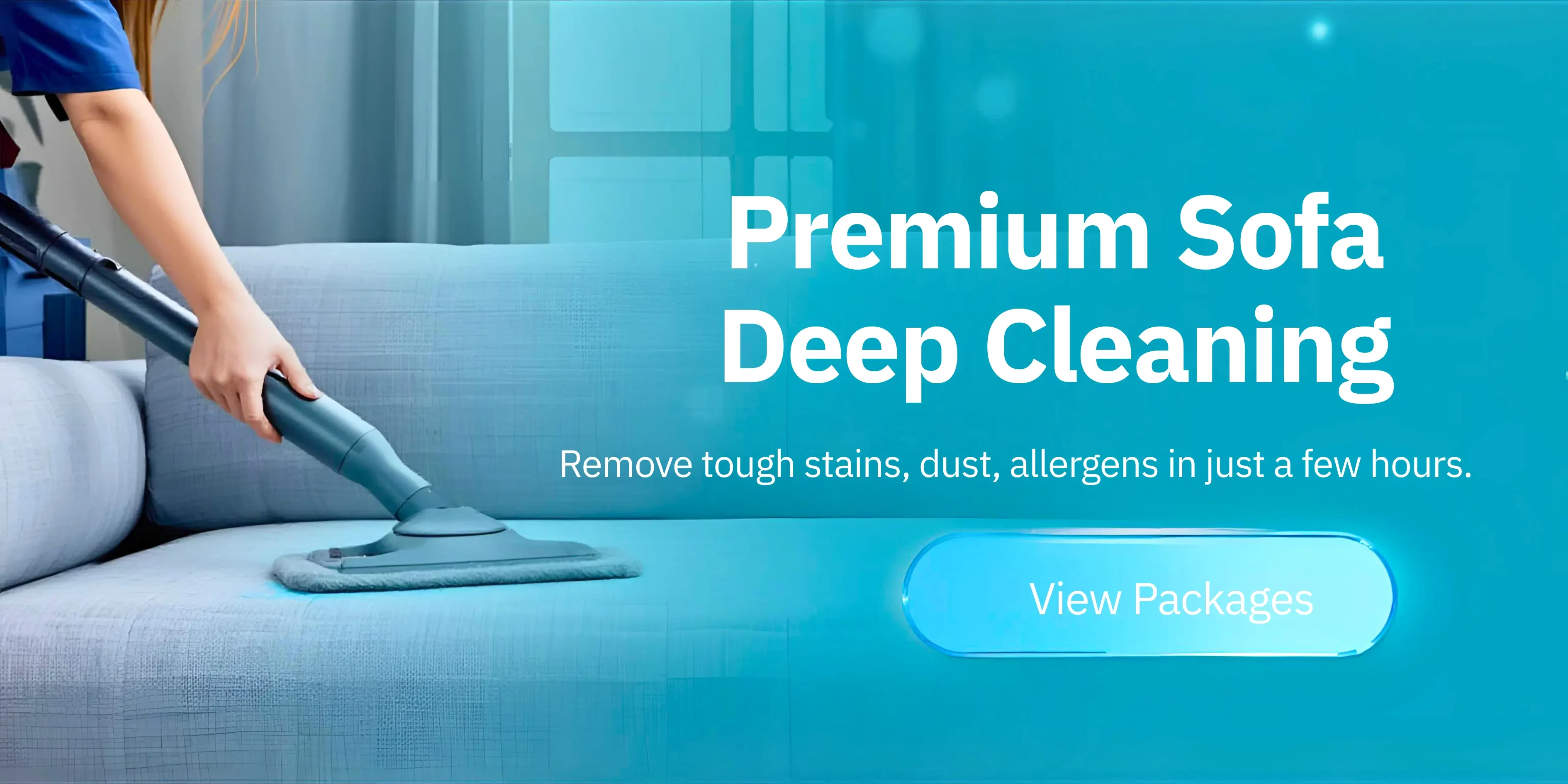Professional premium sofa deep cleaning service removing tough stains, dust, and allergens from a blue sofa
